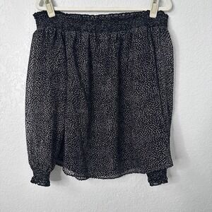 White House Black Market OTS Flock Dot Blouse Black Ecru Smocked Top M 570296683